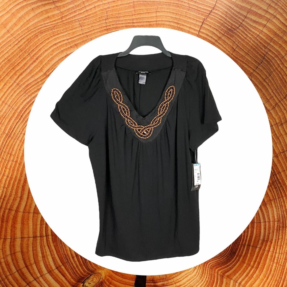 New w Tags Notations Black Blouse w Black/Brown Wooden Beads & Black Gems Wm 2X